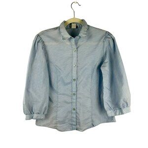 Vintage 80s Advent Blouse Shirt Women Medium Blue Stripe Button Front Cottage
